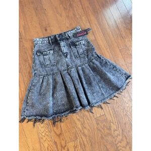 Romwe‎ Sz M Grunge Punk Flap Pocket Raw Edge Pleated Black Washed Denim Skirt